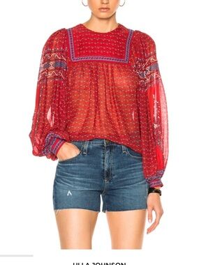 Ulla Johnson Red Printed Boho Blouse with Purple Trim